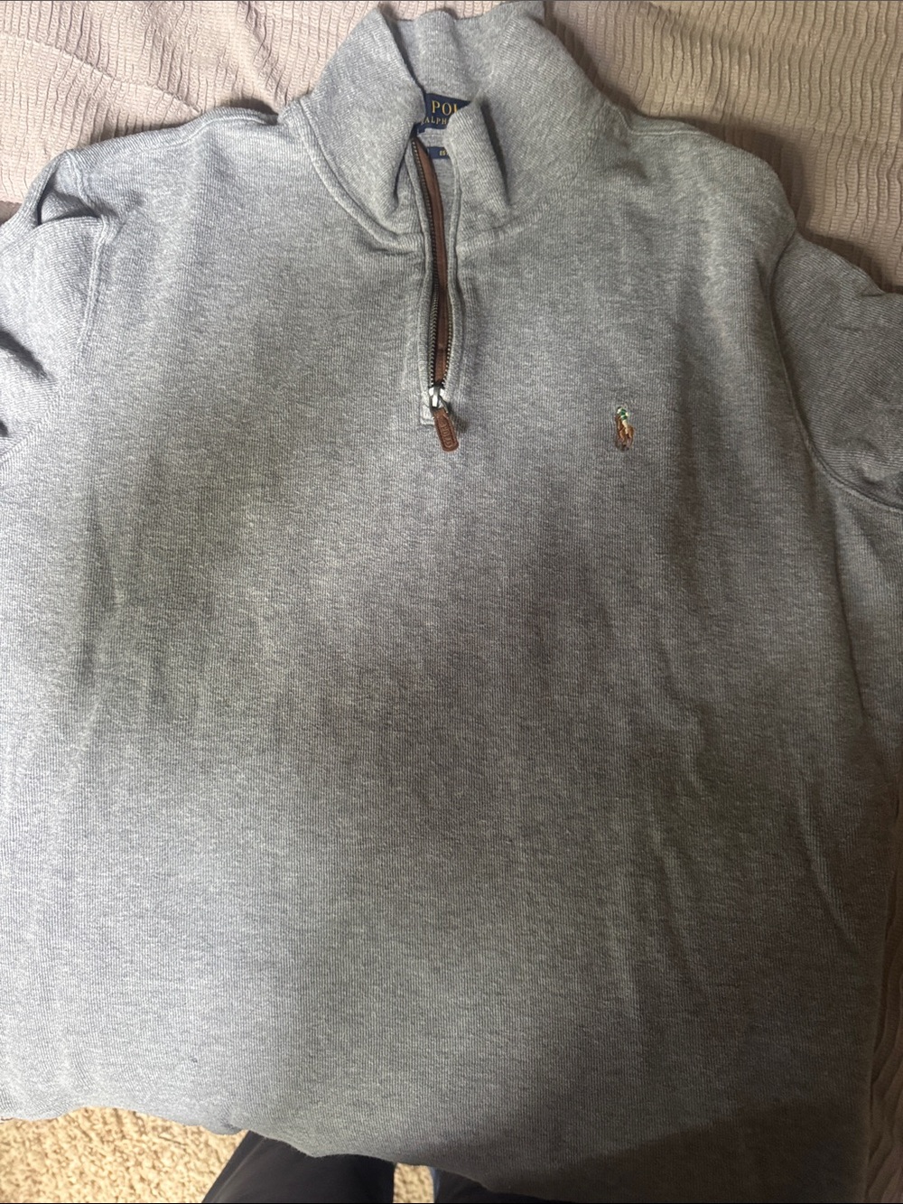 Men's large Polo Ralph Lauren Light Gray Half-Zip Sweatshirt with Leather Trim